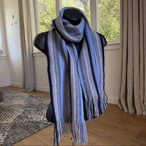 William Brunton Scotland 100% Lambswool 67” Hand Knit Scarf Striped Fringe Blue